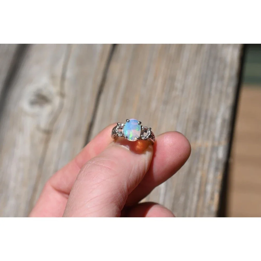 Engagement ring Opal & Herkimer diamond Ring in Sterling Silver – Unique Fire Pl